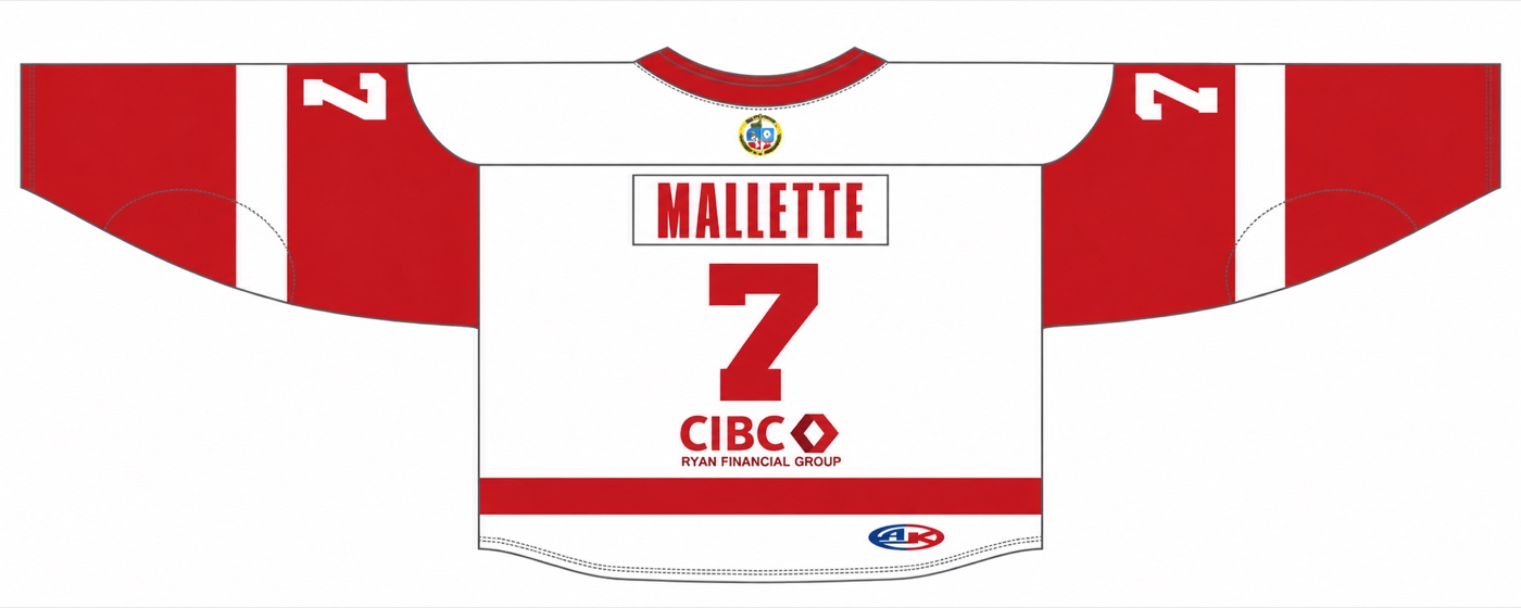 Back of a white hockey sweater with red sleeves, name bar reading MALLETTE, number 7, and a CIBC Ryan Financial Group sponsor patch.